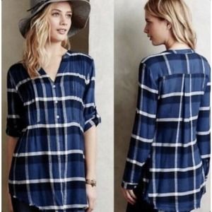 Anthropologie Holding Horses Blue Plaid Button Down Shirt Top